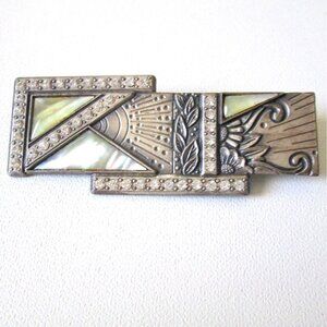 Vintage Nuri Pewter Brooch Bar Pin Art Deco Revival Rhinestones Abalone Signed